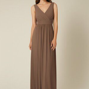 Maniju Dress Mocha Empire Waist High Slit V Neck Ruched Bridesmaid Maxi Gown L